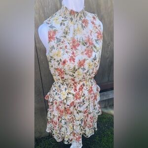 1.STATE Floral Ruffle Tiered Smocked Halter Dress Romantic Boho Small